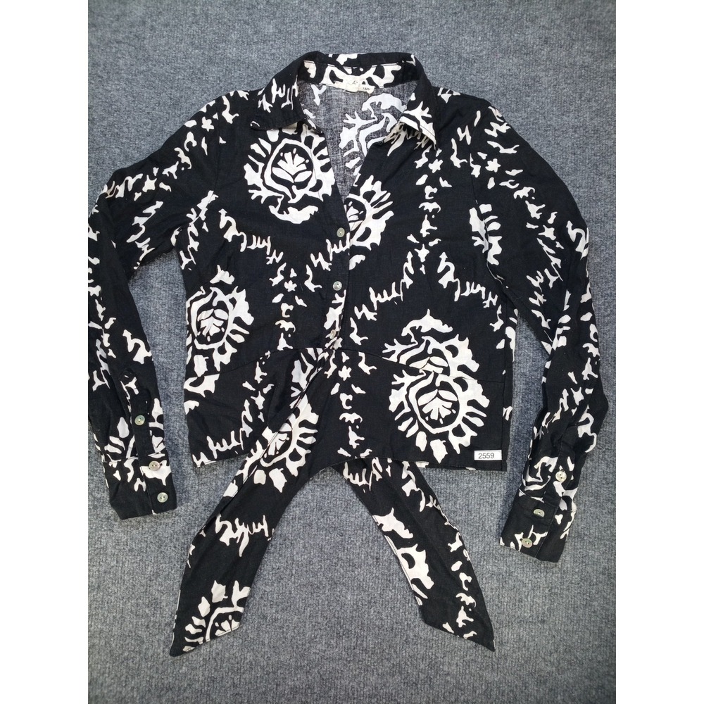 Christian Siriano New York Womens XS Linen Blend Tie Front Blouse Black White